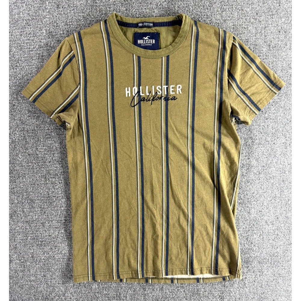Hollister California XS T-Shirt Olive Green Vertical Stripe Logo Cotton